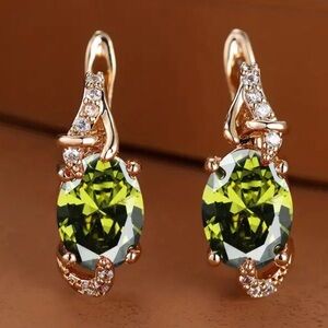 Olive Green Stone 18K Gold Plated Stud Earrings Trendy Women Round Oval Cut